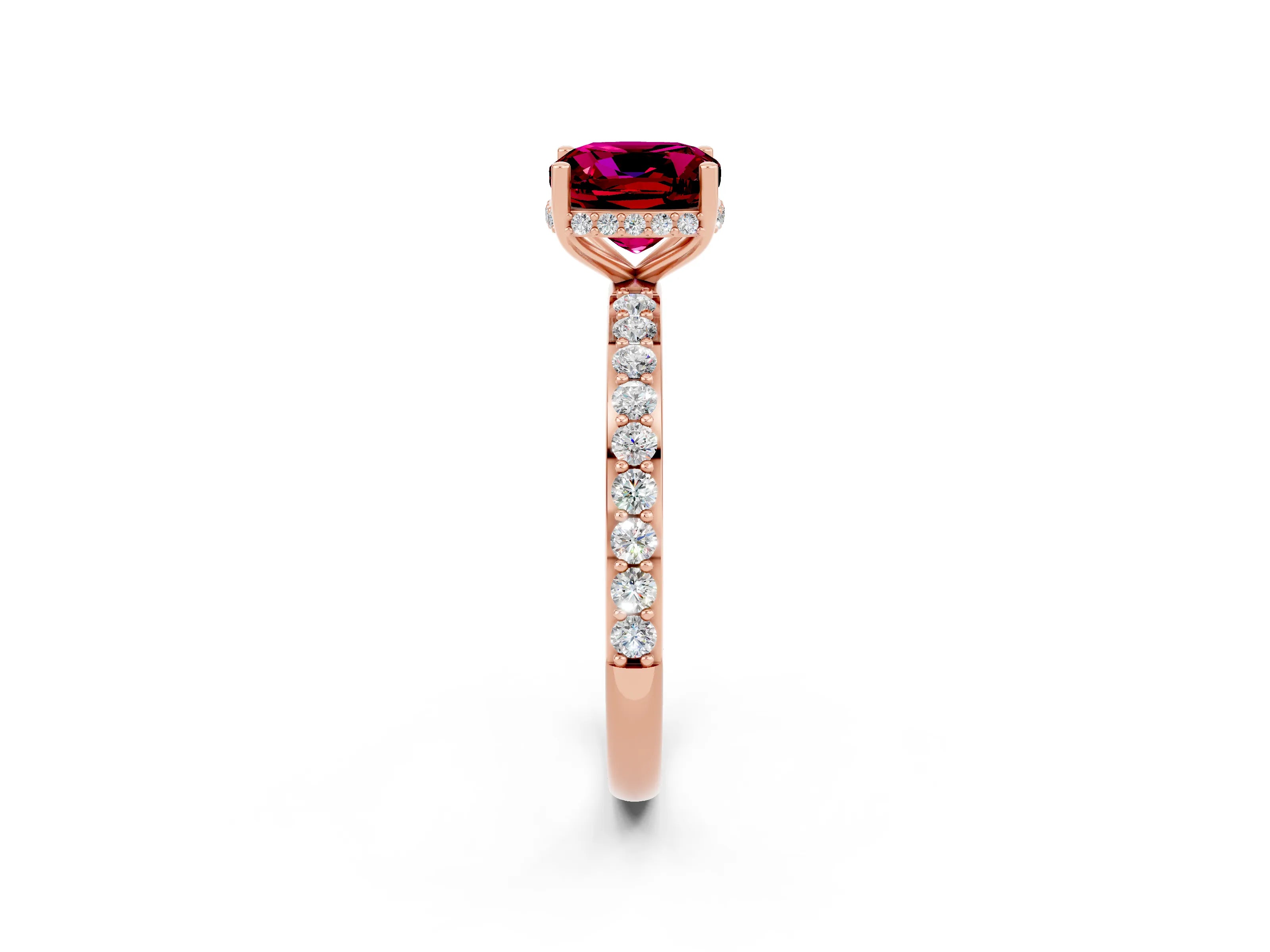 Rose gold Cushion Cut Garnet Solitaire Ring with Pavé Band and Hidden Halo_14