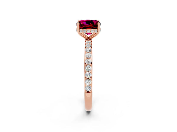 Rose gold Cushion Cut Garnet Solitaire Ring with Pavé Band and Hidden Halo