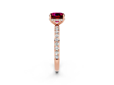 Rose gold Cushion Cut Garnet Solitaire Ring with Pavé Band and Hidden Halo_14