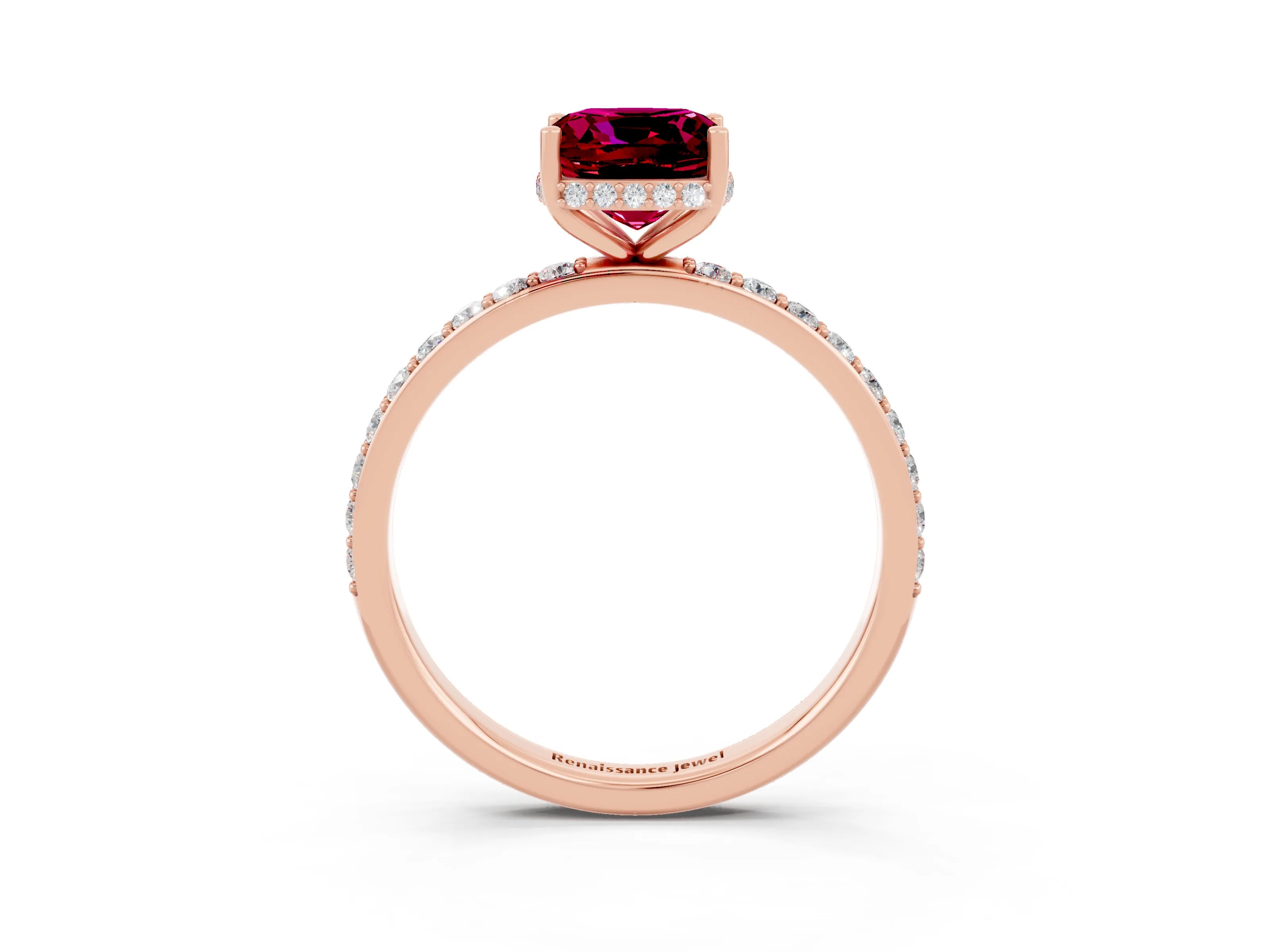 Rose gold Cushion Cut Garnet Solitaire Ring with Pavé Band and Hidden Halo_15