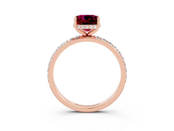 Rose gold Cushion Cut Garnet Solitaire Ring with Pavé Band and Hidden Halo