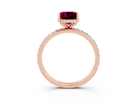 Rose gold Cushion Cut Garnet Solitaire Ring with Pavé Band and Hidden Halo_15