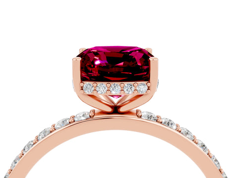 Rose gold Cushion Cut Garnet Solitaire Ring with Pavé Band and Hidden Halo_16
