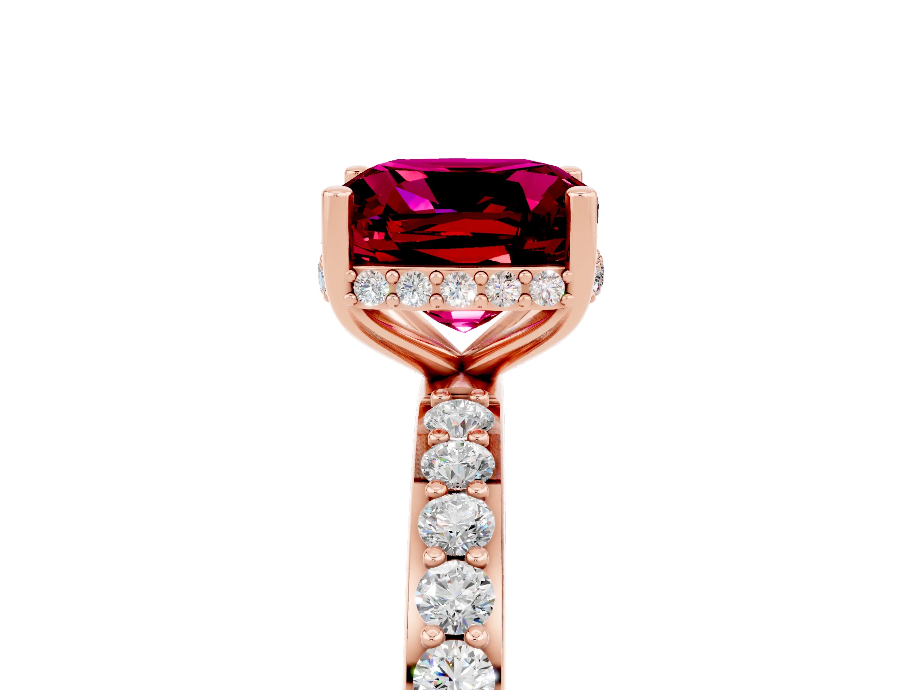 Rose gold Cushion Cut Garnet Solitaire Ring with Pavé Band and Hidden Halo_17