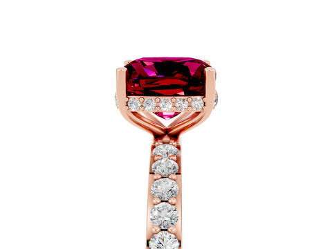 Rose gold Cushion Cut Garnet Solitaire Ring with Pavé Band and Hidden Halo_17