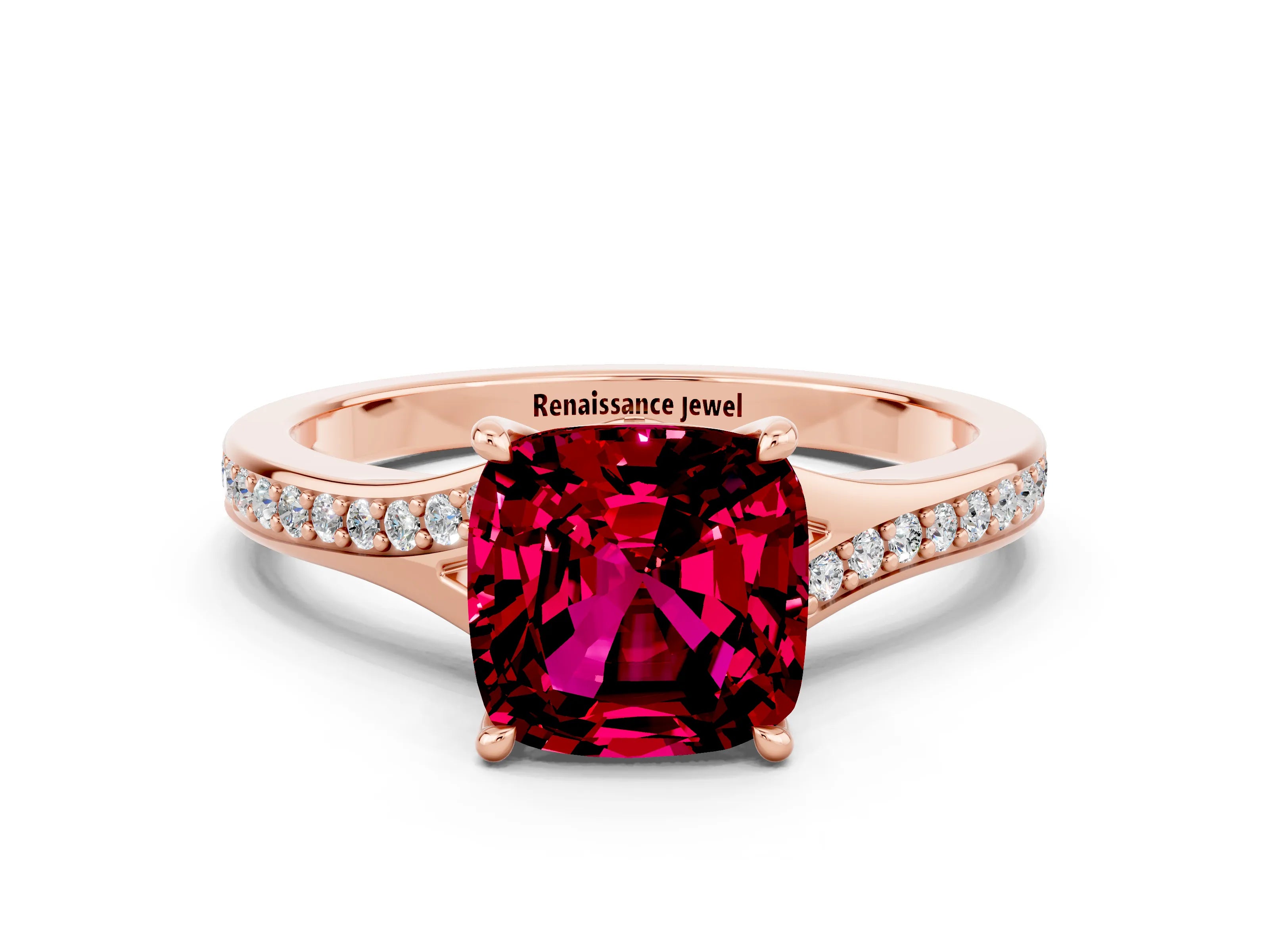 Rose gold Cushion Cut Garnet Solitaire Ring with Pavé Band and Prong Setting