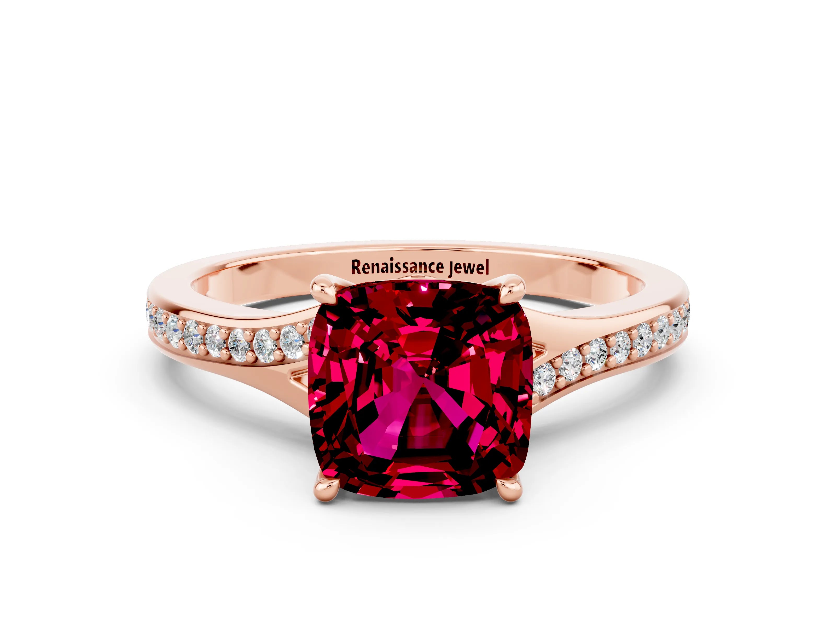 Rose gold Cushion Cut Garnet Solitaire Ring with Pavé Band and Prong Setting_12