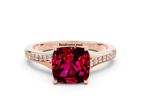 Rose gold Cushion Cut Garnet Solitaire Ring with Pavé Band and Prong Setting_12