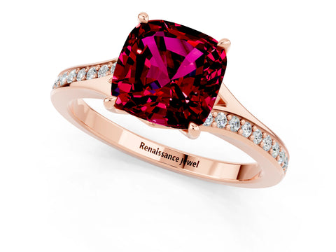 Rose gold Cushion Cut Garnet Solitaire Ring with Pavé Band and Prong Setting_13