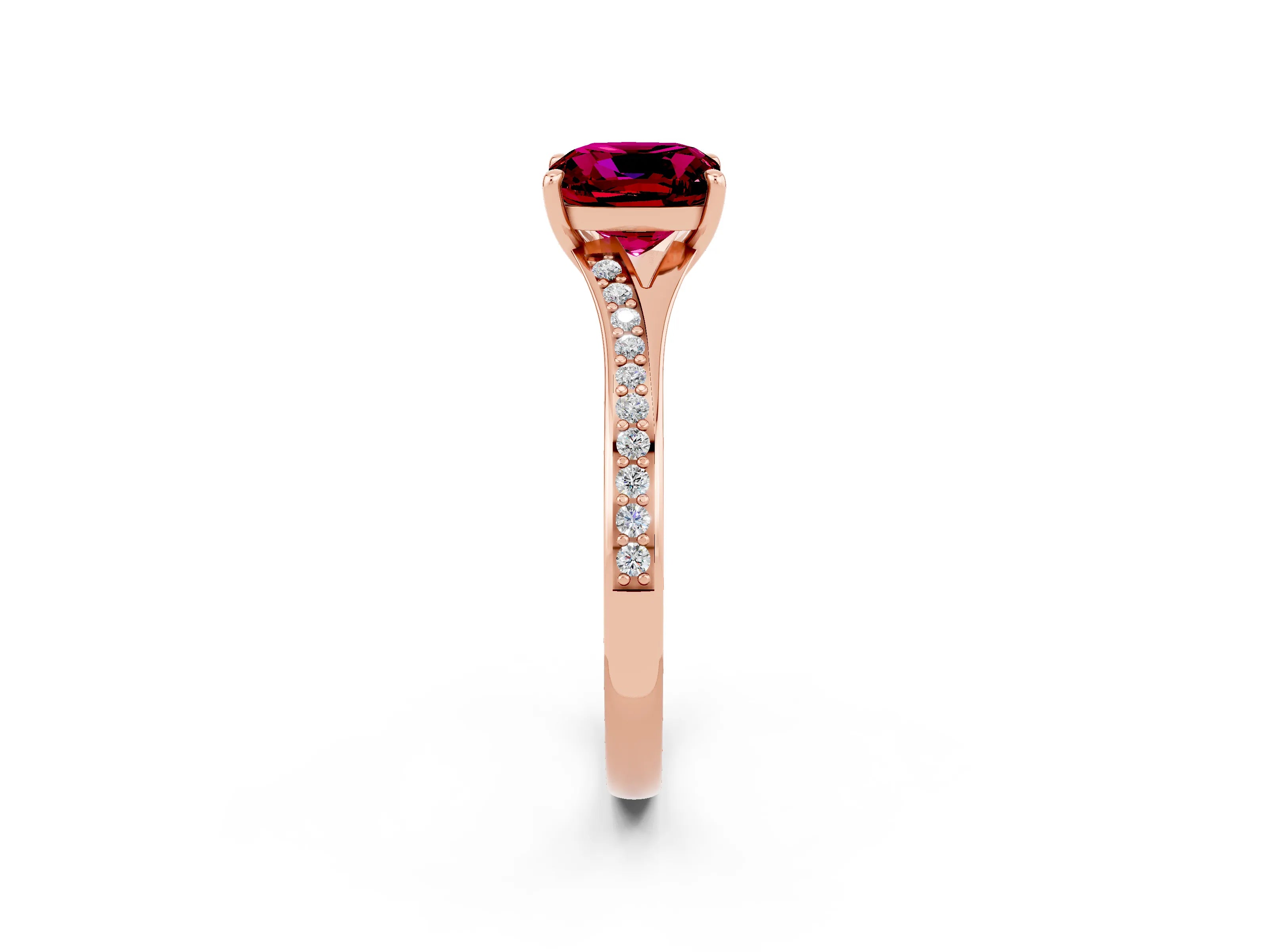 Rose gold Cushion Cut Garnet Solitaire Ring with Pavé Band and Prong Setting_14