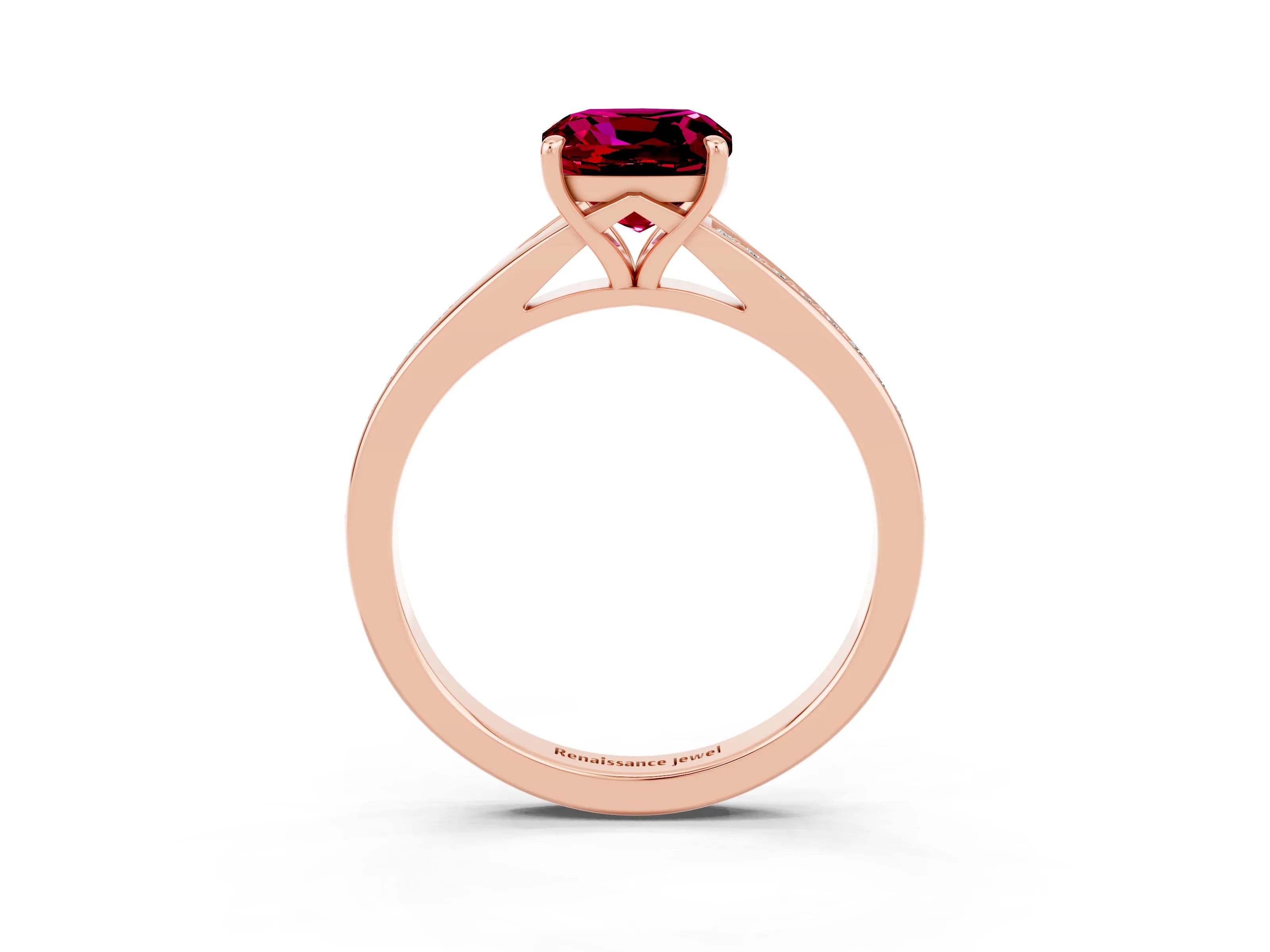 Rose gold Cushion Cut Garnet Solitaire Ring with Pavé Band and Prong Setting_15