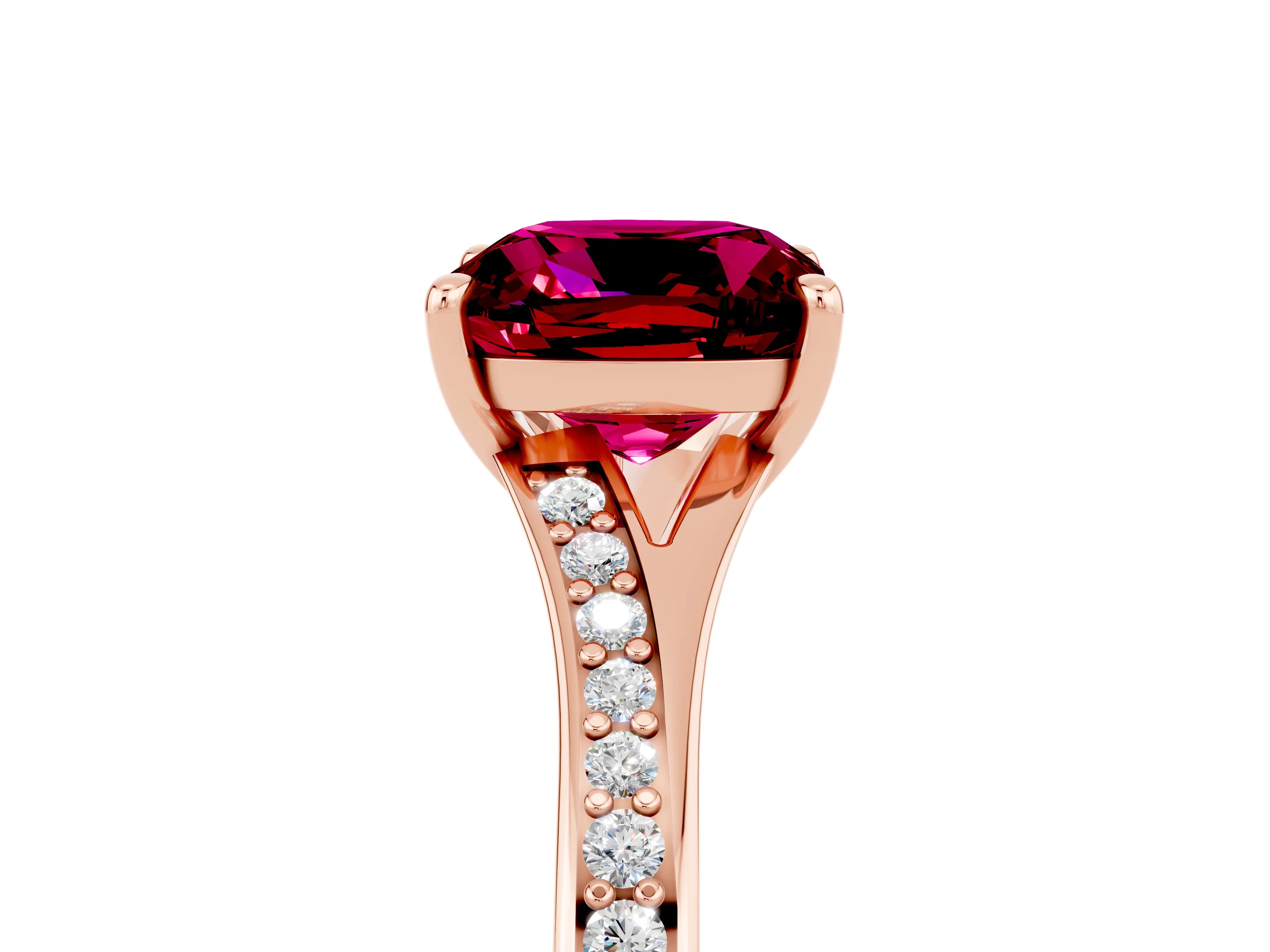 Rose gold Cushion Cut Garnet Solitaire Ring with Pavé Band and Prong Setting_17