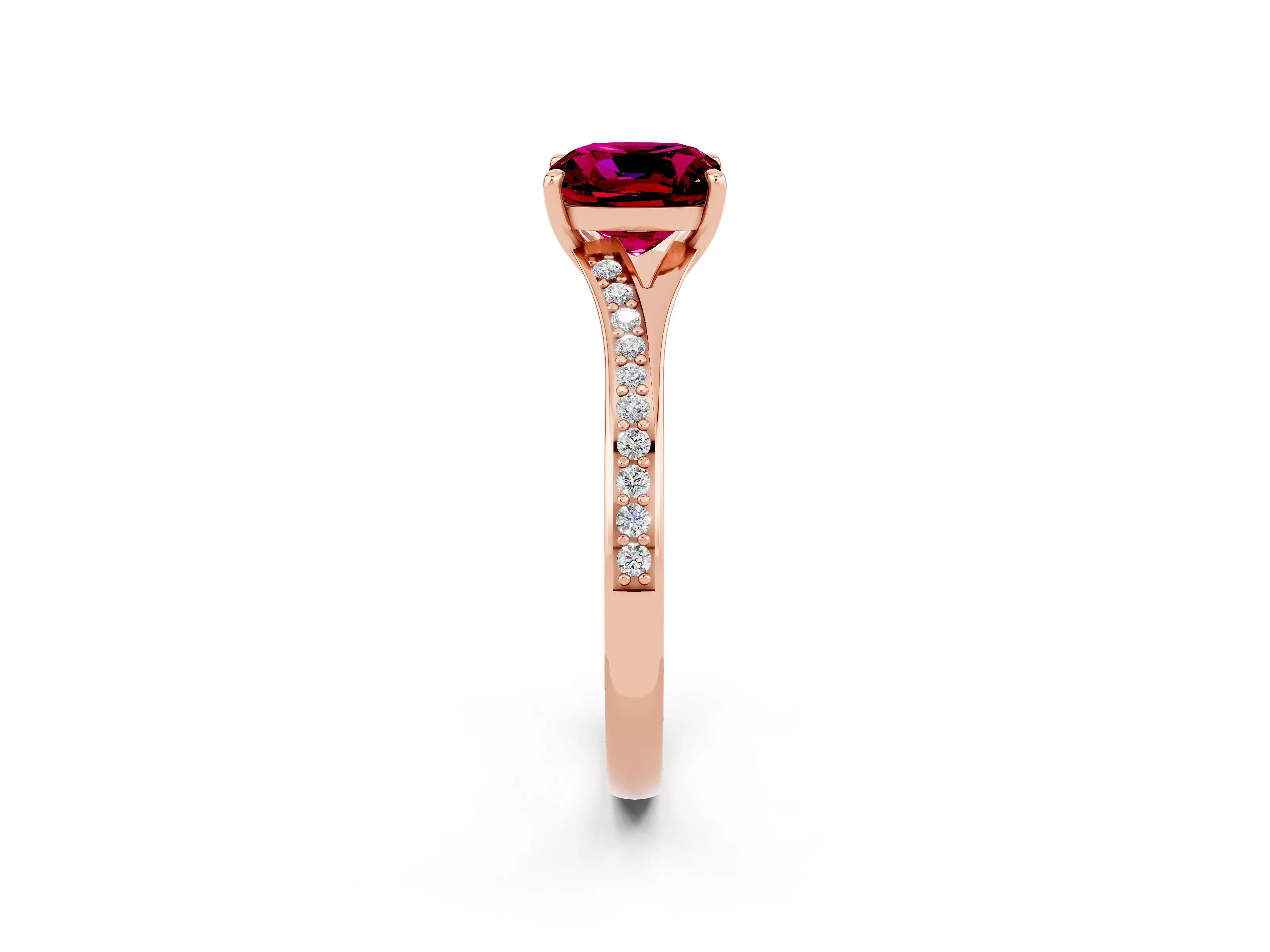 Rose gold Cushion Cut Garnet Solitaire Ring with Pavé Band and Prong Setting_2