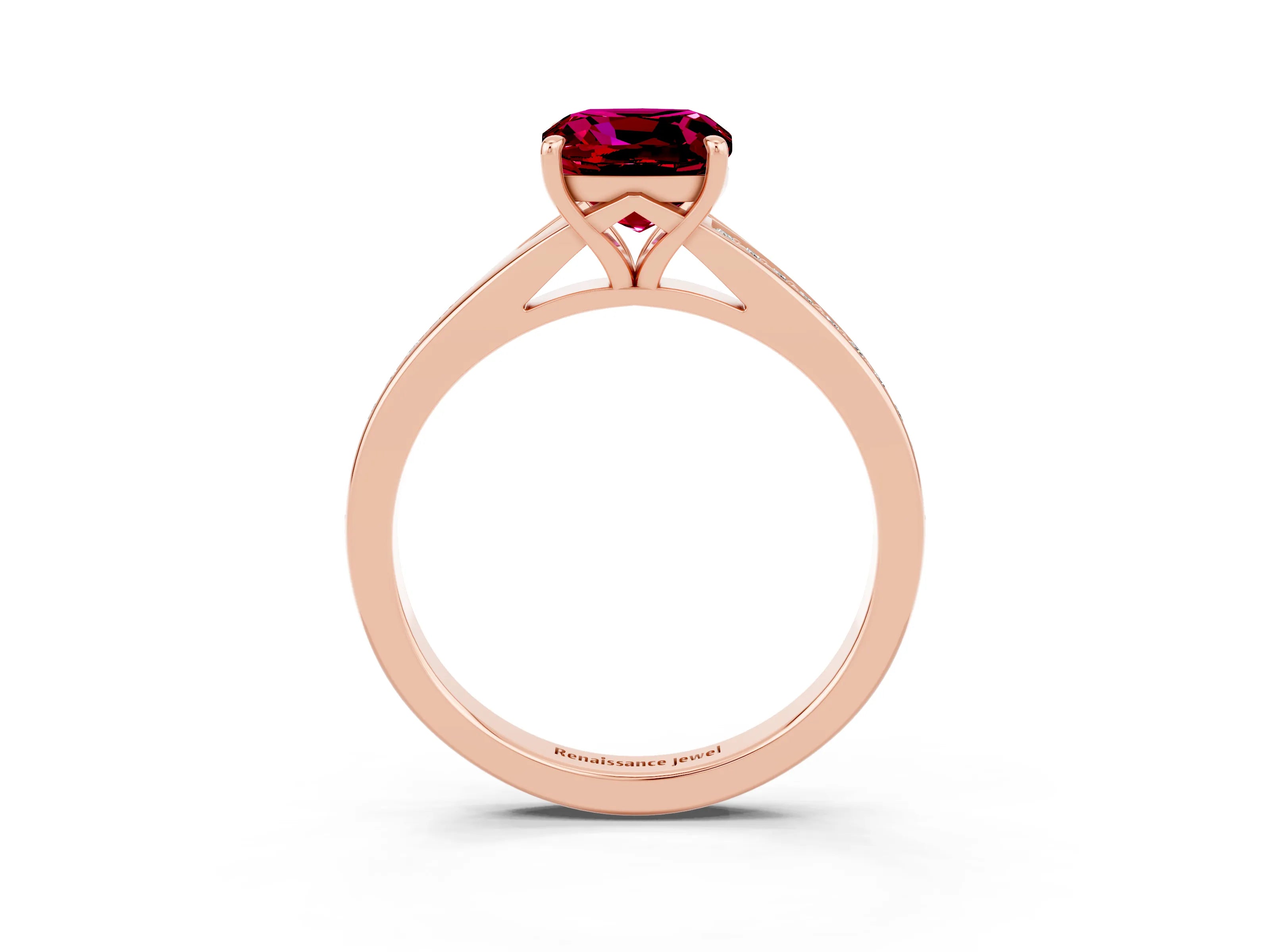 Rose gold Cushion Cut Garnet Solitaire Ring with Pavé Band and Prong Setting_3