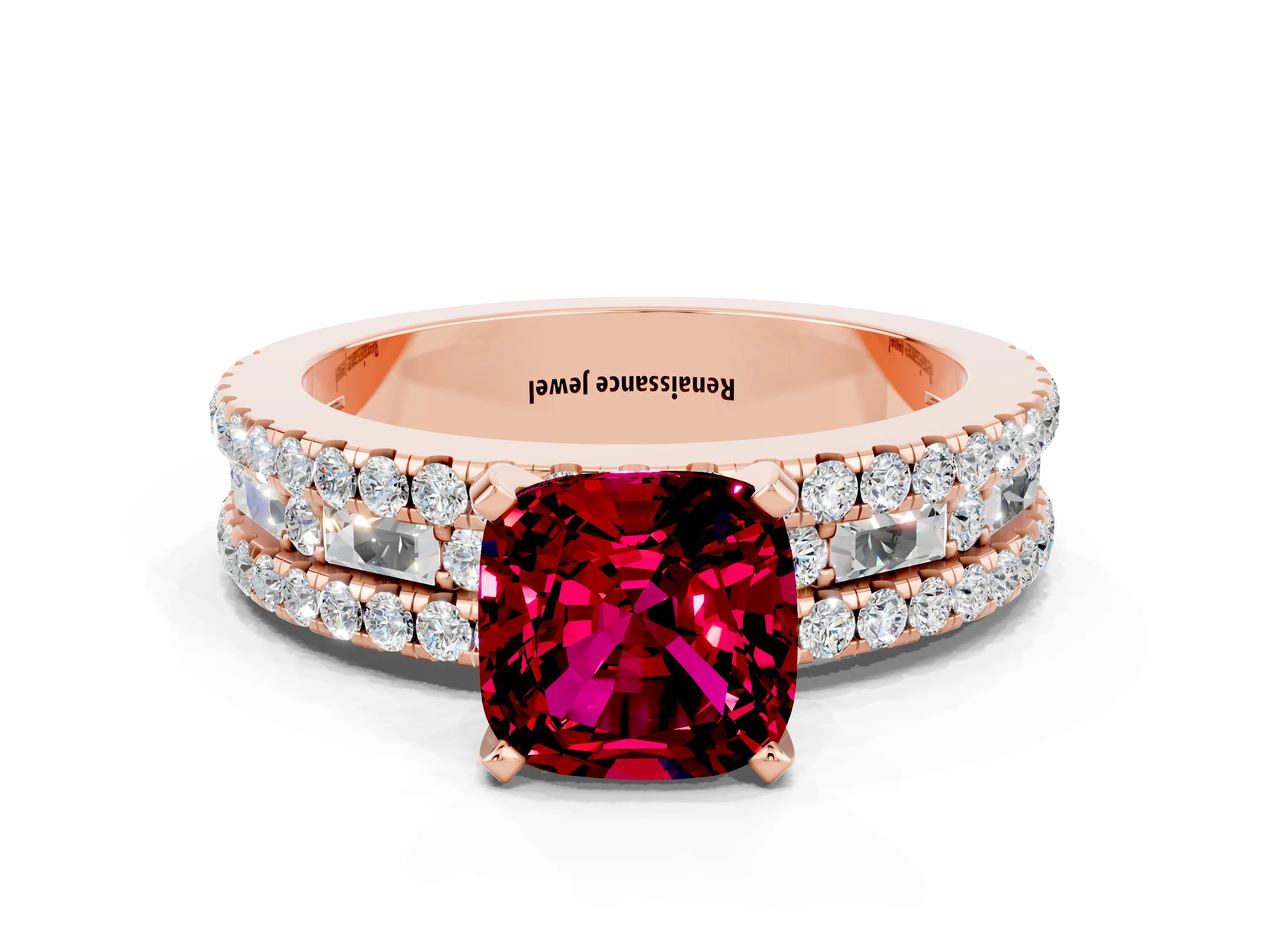 Rose gold Cushion Cut Garnet Solitaire Ring with Pavé and Channel Set Band