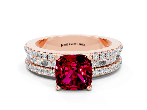 Rose gold Cushion Cut Garnet Solitaire Ring with Pavé and Channel Set Band
