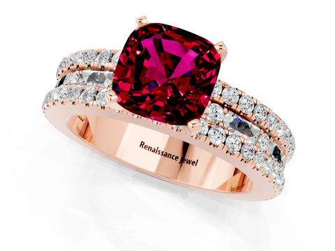 Rose gold Cushion Cut Garnet Solitaire Ring with Pavé and Channel Set Band_1