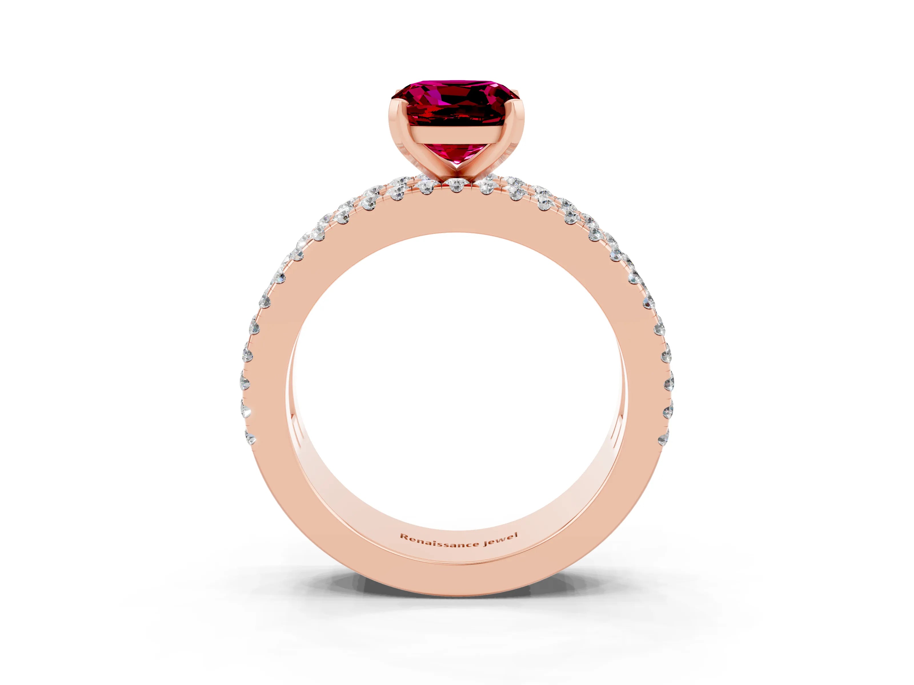 Rose gold Cushion Cut Garnet Solitaire Ring with Pavé and Channel Set Band_3