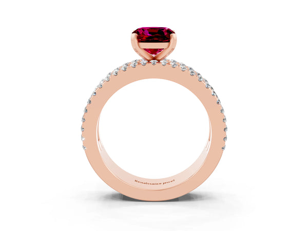 Rose gold Cushion Cut Garnet Solitaire Ring with Pavé and Channel Set Band
