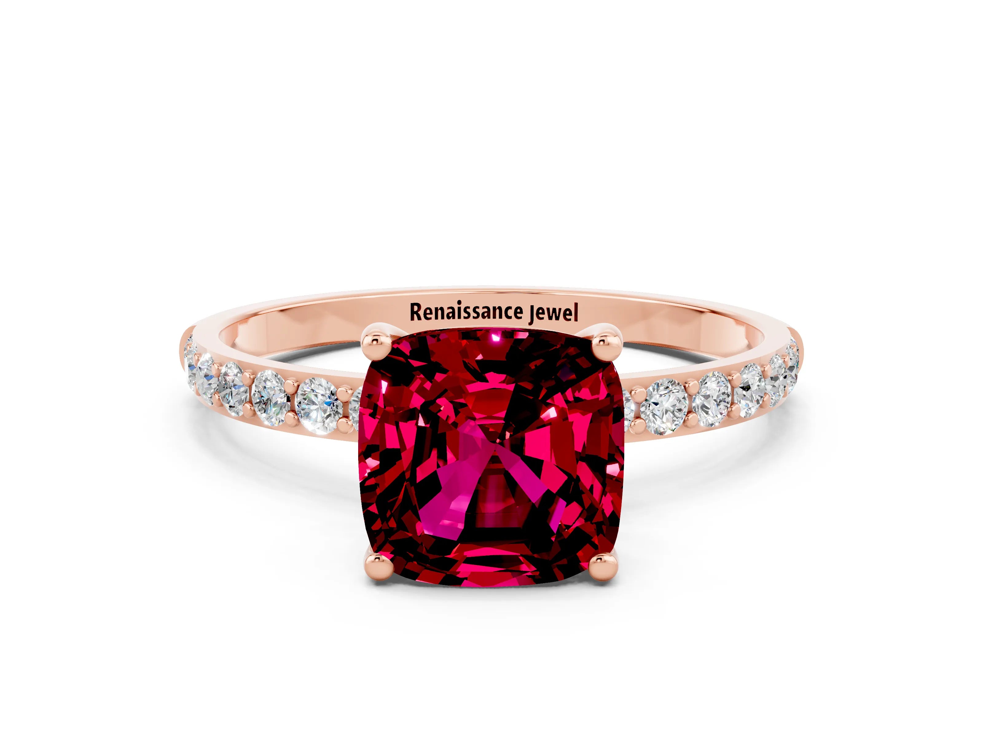 Rose gold Cushion Cut Garnet Solitaire Ring with Pave Band and Four Prong Setting_24