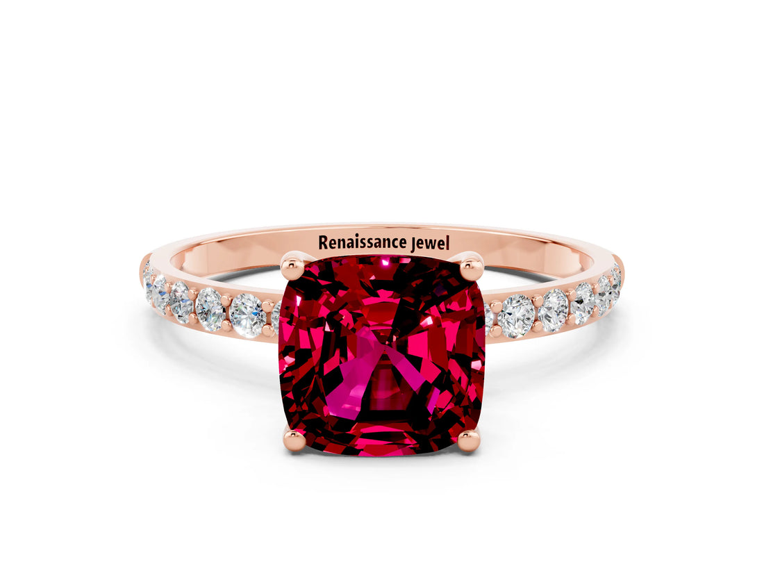 Rose gold Cushion Cut Garnet Solitaire Ring with Pave Band and Four Prong Setting_24