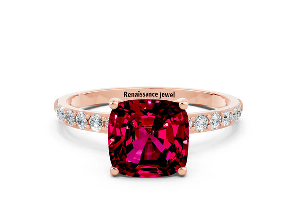 Rose gold Cushion Cut Garnet Solitaire Ring with Round  Pavé Band and Prong Setting
