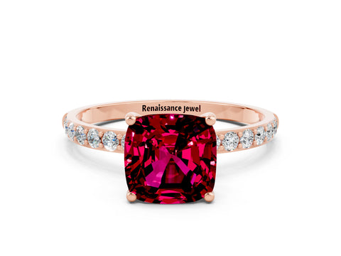 Rose gold Cushion Cut Garnet Solitaire Ring with Pave Band and Four Prong Setting_24