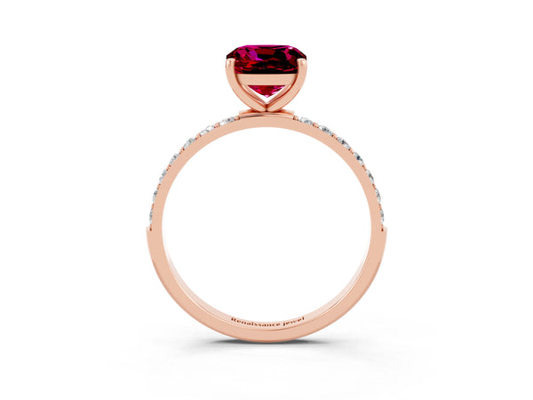 Rose gold Cushion Cut Garnet Solitaire Ring with Round  Pavé Band and Prong Setting