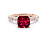 Rose gold Cushion Cut Garnet Solitaire Ring with Round  Pavé Band and Four-Prong Setting_44