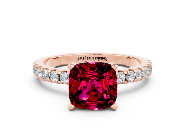 Rose gold Cushion Cut Garnet Solitaire Ring with Round Pavé Band and Four-Prong Setting