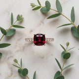 Rose gold Cushion Cut Garnet Solitaire Ring with Round  Pavé Band and Four-Prong Setting_45
