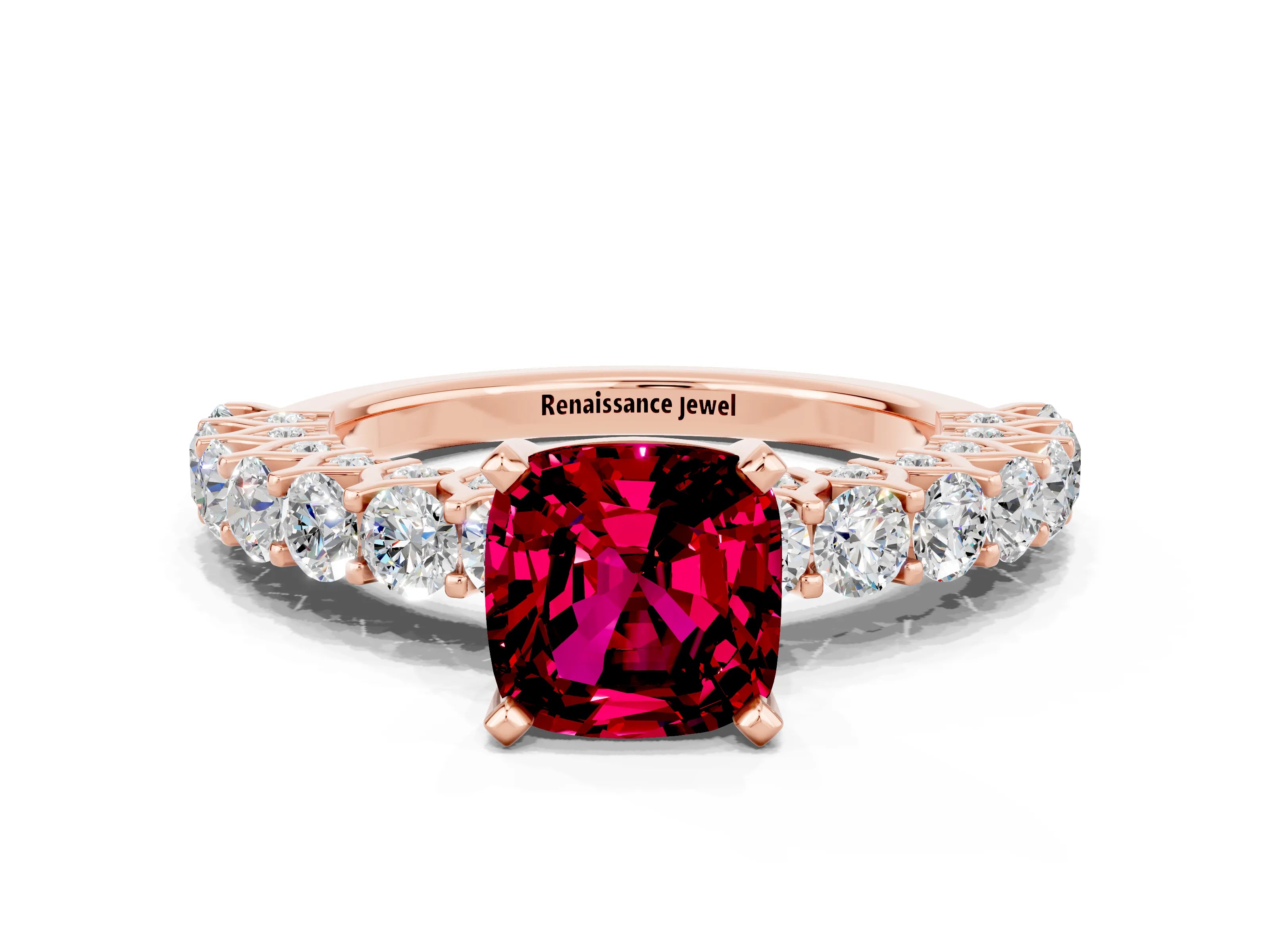 Rose gold Cushion Cut Garnet Solitaire Ring with Shared Prong Pavé Band and Four-Prong Setting