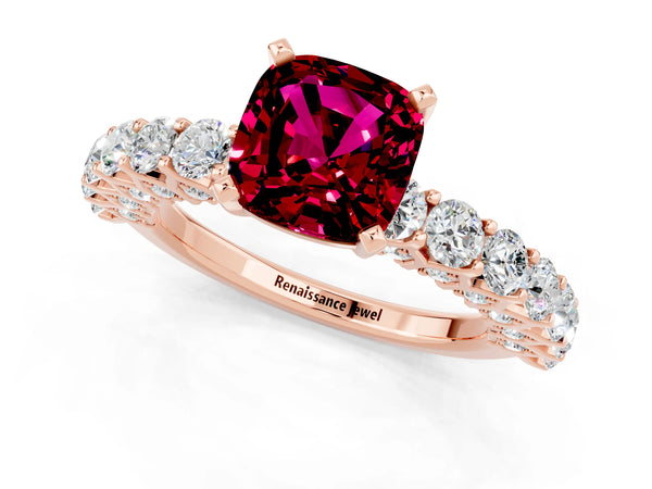Rose gold Cushion Cut Garnet Solitaire Ring with Shared Prong Pavé Band and Four-Prong Setting