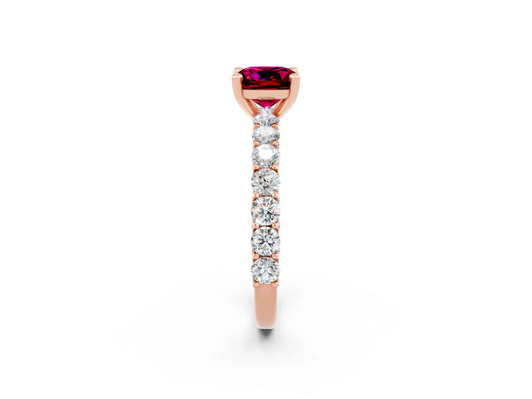 Rose gold Cushion Cut Garnet Solitaire Ring with Shared Prong Pavé Band and Four-Prong Setting