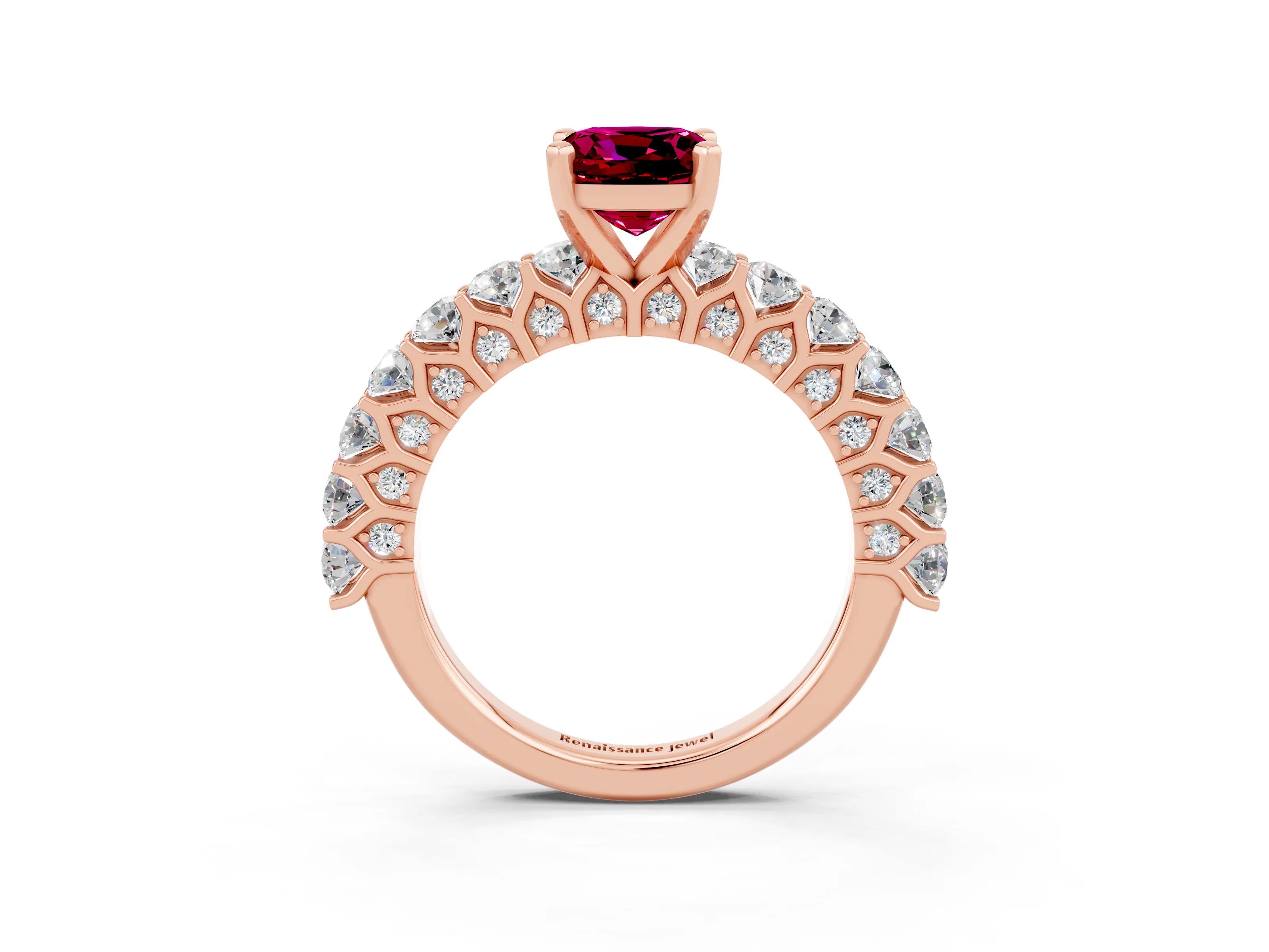 Rose gold Cushion Cut Garnet Solitaire Ring with Shared Prong Pavé Band and Four-Prong Setting_3