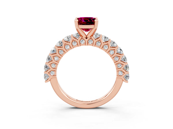 Rose gold Cushion Cut Garnet Solitaire Ring with Shared Prong Pavé Band and Four-Prong Setting