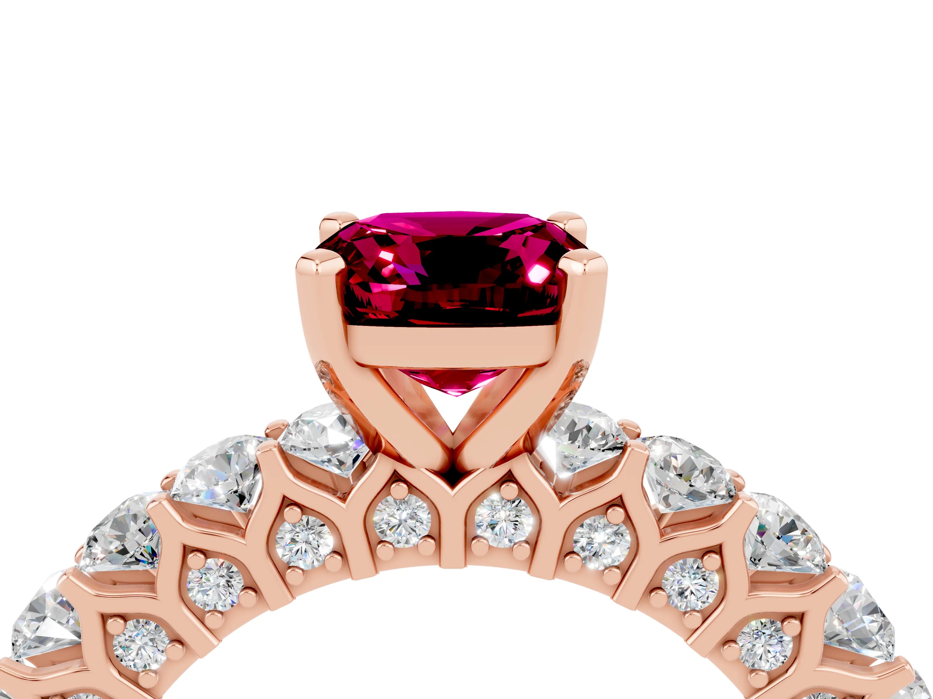 Rose gold Cushion Cut Garnet Solitaire Ring with Shared Prong Pavé Band and Four-Prong Setting_4
