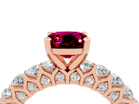 Rose gold Cushion Cut Garnet Solitaire Ring with Shared Prong Pavé Band and Four-Prong Setting_4