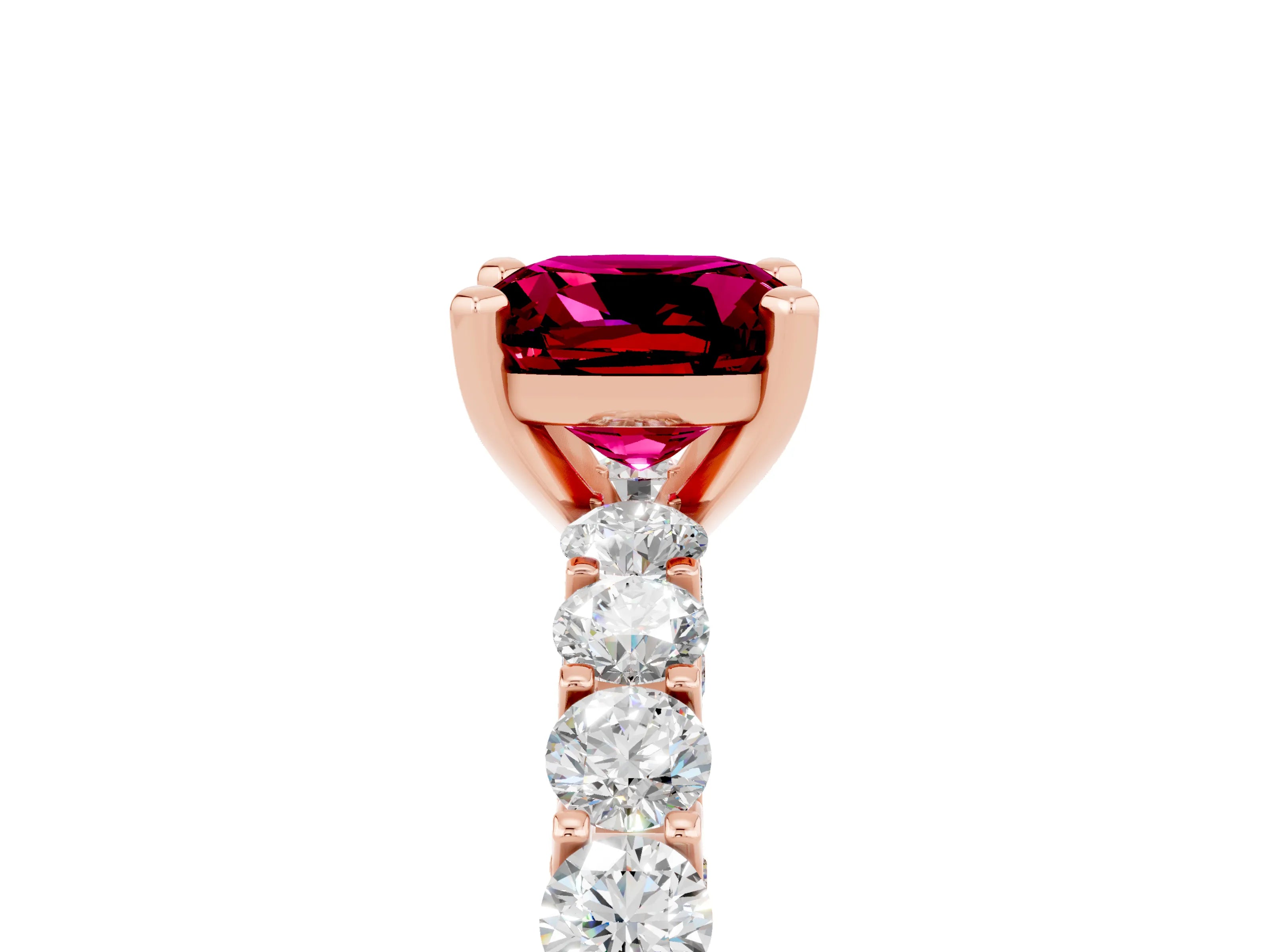 Rose gold Cushion Cut Garnet Solitaire Ring with Shared Prong Pavé Band and Four-Prong Setting_5