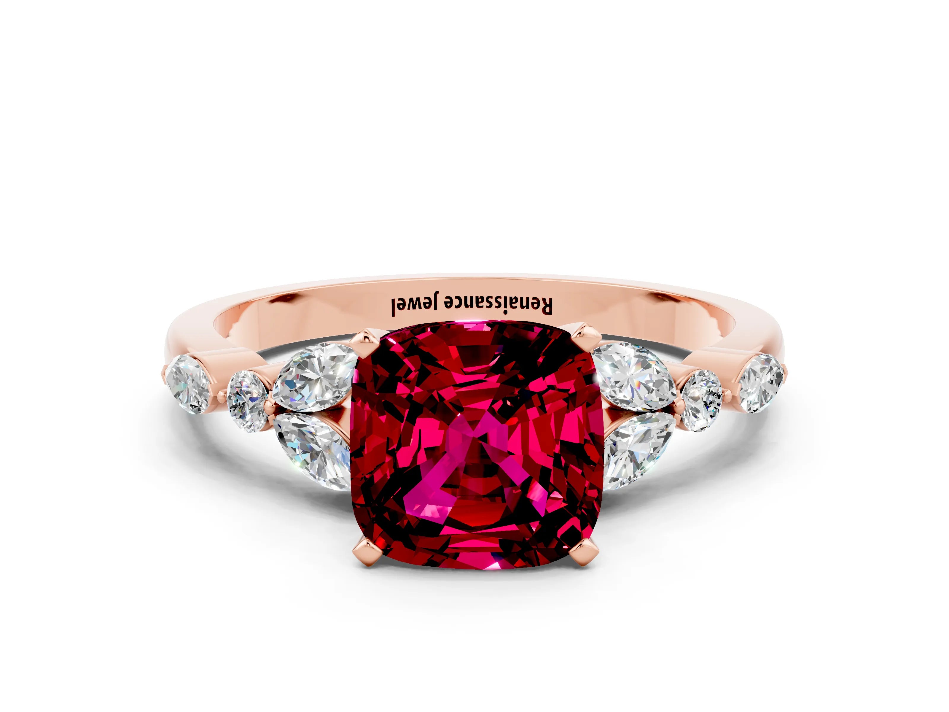 Rose gold Cushion Cut Garnet Solitaire Ring with Side Stones and Four-Prong Setting_12