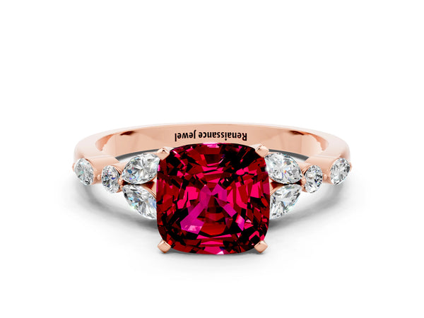 Rose gold Cushion Cut Garnet Solitaire Ring with Side Stones and Four-Prong Setting