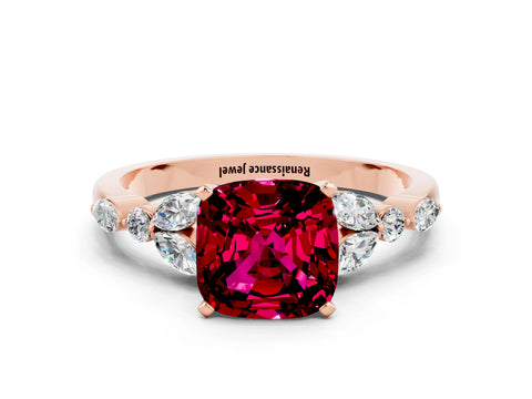 Rose gold Cushion Cut Garnet Solitaire Ring with Side Stones and Four-Prong Setting_12