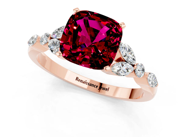 Rose gold Cushion Cut Garnet Solitaire Ring with Side Stones and Four-Prong Setting