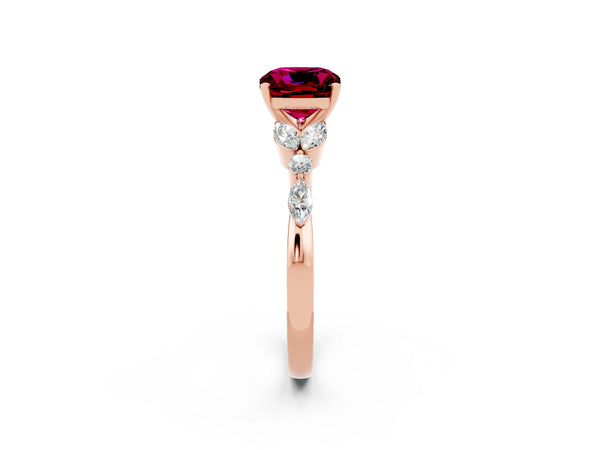 Rose gold Cushion Cut Garnet Solitaire Ring with Side Stones and Four-Prong Setting