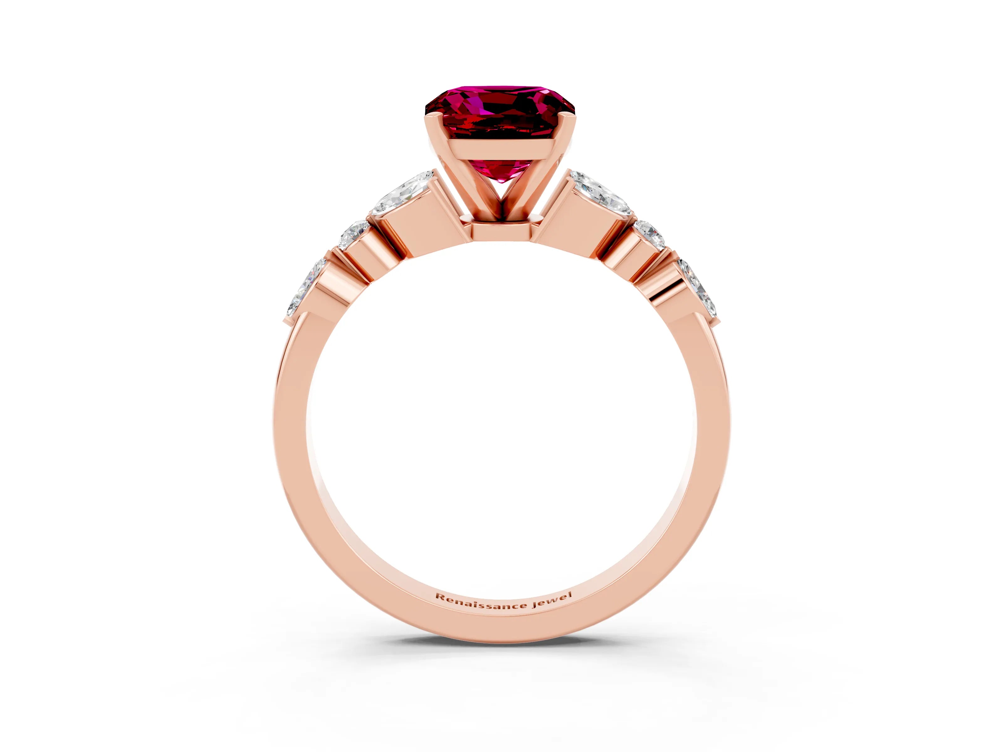 Rose gold Cushion Cut Garnet Solitaire Ring with Side Stones and Four-Prong Setting_15