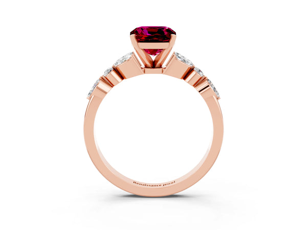 Rose gold Cushion Cut Garnet Solitaire Ring with Side Stones and Four-Prong Setting