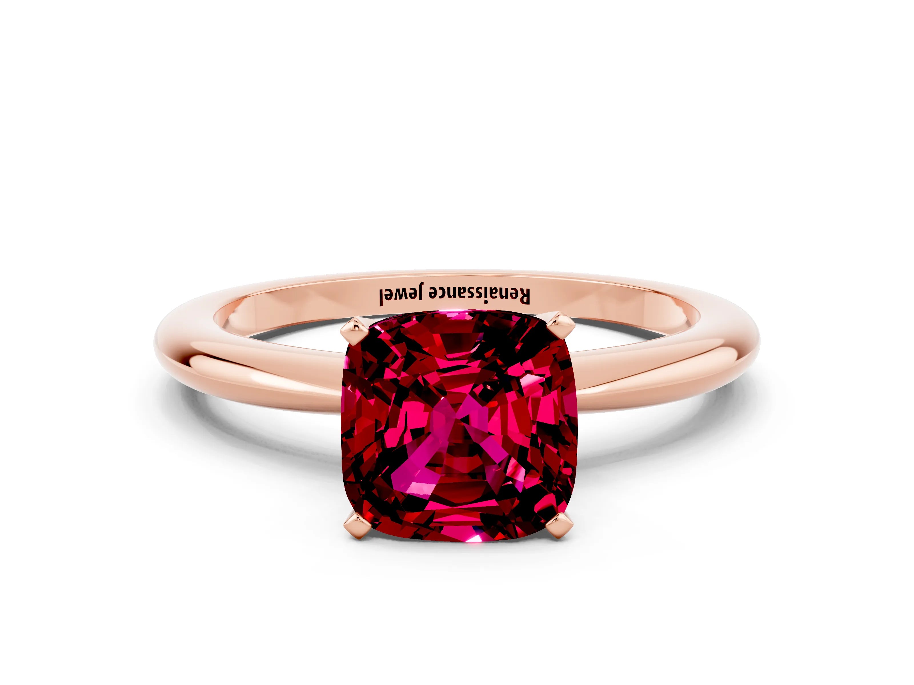 Rose gold Cushion Cut Garnet Solitaire Ring with Six-Prong Setting and Classic Band