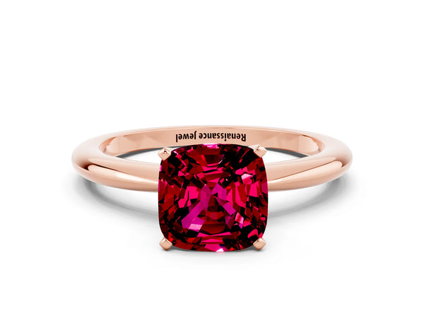 Rose gold Cushion Cut Garnet Solitaire Ring with Six-Prong Setting and Classic Band