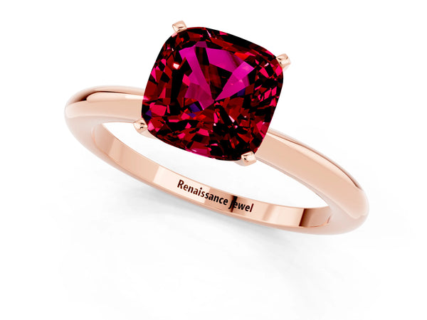 Rose gold Cushion Cut Garnet Solitaire Ring with Six-Prong Setting and Classic Band