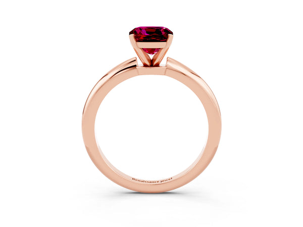 Rose gold Cushion Cut Garnet Solitaire Ring with Six-Prong Setting and Classic Band